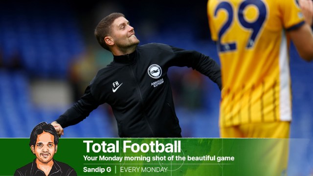 Brighton & Hove Albion manager Fabian Hurzeler celebrates after the match