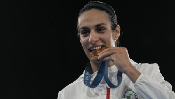 Gold medalist Algeria's Imane Khelif poses during a medals ceremony for the women's 66 kg final boxing match at the 2024 Summer Olympics