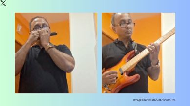 In the viral video, the author beautifully plays the National Anthem on a guitar and a harmonica (Image source: @ArunKrishnan_/X)