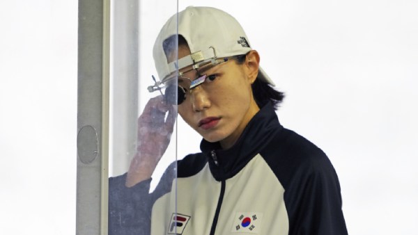 South Korea's Kim Yeji prepares to compete in the 25m pistol precision women's qualification round at the 2024 Summer Olympics, Friday, Aug. 2, 2024, in Chateauroux, France. (AP Photo/Manish Swarup)