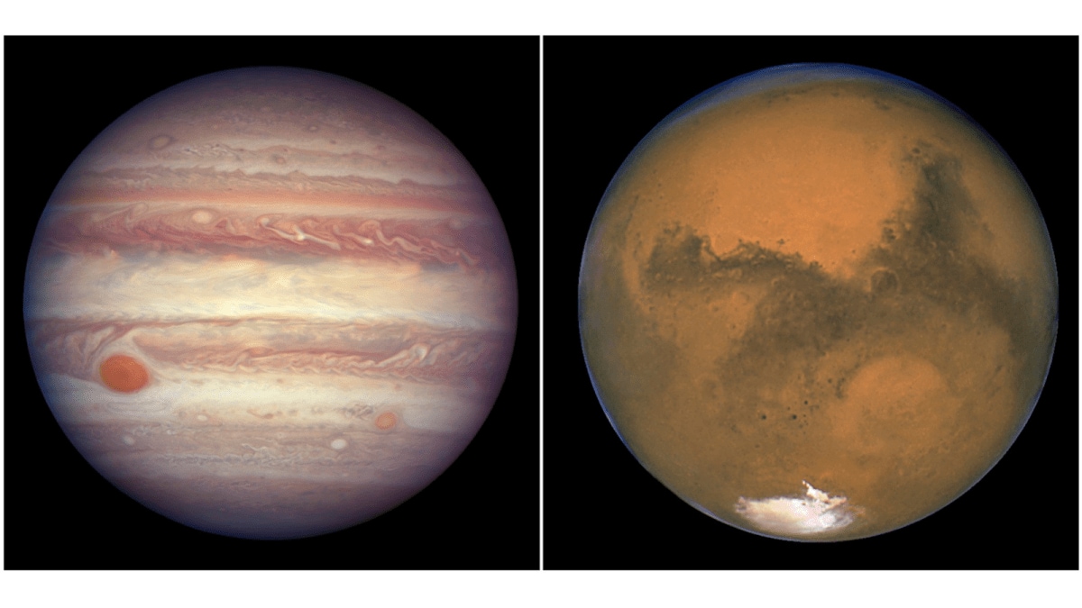 This combination image, created from two photos provided by NASA, shows Jupiter pictured on April 3, 2017, left, and Mars pictured on Aug. 26, 2003, right. (NASA via AP)