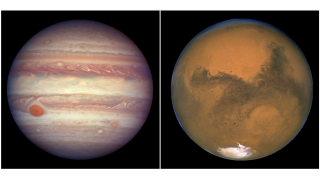 This combination image, created from two photos provided by NASA, shows Jupiter pictured on April 3, 2017, left, and Mars pictured on Aug. 26, 2003, right. (NASA via AP)