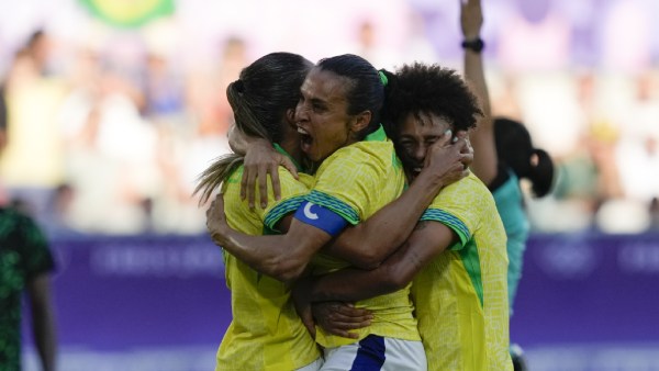 Brazil's Marta, center, is congratulated after scoring a goal, which was disallowed, during the women's Group C soccer match between Nigeria and Brazil at the Bordeaux stadium during the 2024 Summer Olympics. (AP)