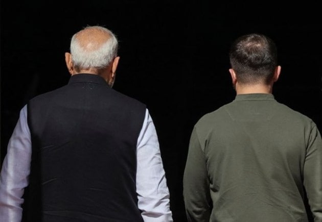 Ukraine's President Volodymyr Zelenskiy meets with Indian Prime Minister Narendra Modi, as Russia's attack on Ukraine continues, in Kyiv, Ukraine August 23, 2024. REUTERS/Gleb Garanich