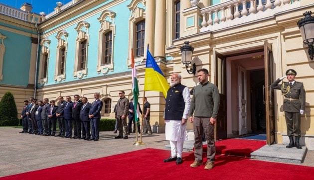 **EDS: IMAGE VIA PMO** Kyiv: Prime Minister Narendra Modi with the Ukrainian President Volodymyr Zelenskyy at the Mariinsky Palace, in Kyiv, Ukraine, Friday, Aug. 23, 2024. (PTI Photo) (PTI08_23_2024_000290B)