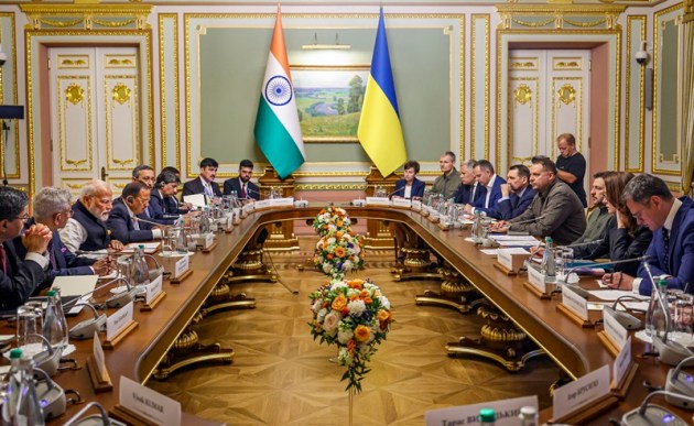 **EDS: IMAGE VIA PMO** Kyiv: Prime Minister Narendra Modi, Ukrainian President Volodymyr Zelenskyy and others during a delegation level meeting, in Kyiv, Ukraine, Friday, Aug. 23, 2024. Union External Affairs Minister S Jaishankar and National Security Advisor Ajit Doval are also seen. (PTI Photo) (PTI08_23_2024_000300B)
