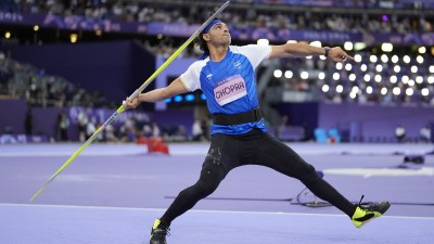 Neeraj Chopra, of India, competes during the men's javelin throw final at the 2024 Summer Olympics, Thursday, Aug. 8, 2024, in Saint-Denis, France. (AP Photo)