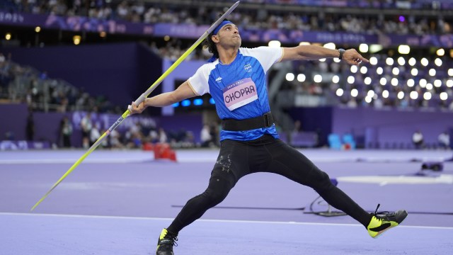 Neeraj Chopra, of India, competes during the men's javelin throw final at the 2024 Summer Olympics, Thursday, Aug. 8, 2024, in Saint-Denis, France. (AP Photo)