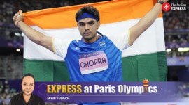 Paris Olympics silver medalist Neeraj Chopra celebrates after the men's javelin throw final on Thursday in Saint-Denis. (AP Photo)