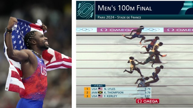 Noah Lyles, of the United States, celebrates after winning the men's 100-meter final at the 2024 Summer Olympics, Sunday, Aug. 4, 2024, in Saint-Denis, France. (AP Photo)