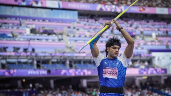 India's Neeraj Chopra competes in the Men's javelin throw qualification round at the 2024 Summer Olympics, in Paris,