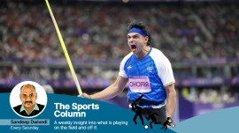 India's Neeraj Chopra reacts during the men's javelin throw athletics event at the 2024 Summer Olympics, in Paris, France