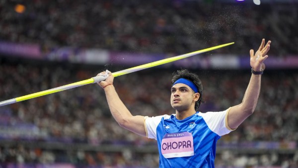 India's Neeraj Chopra reacts during the men's javelin throw athletics event at the 2024 Summer Olympics, in Paris, France,