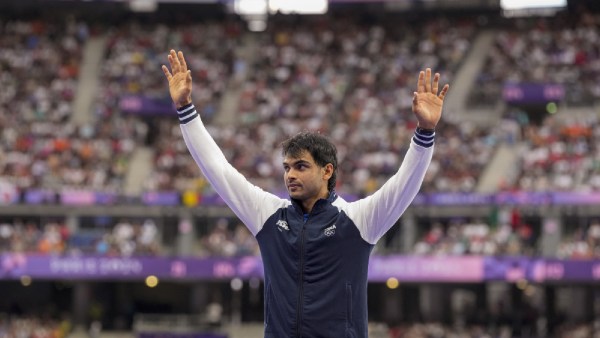 Silver medalist India’s Neeraj Chopra at the podium during the victory ceremony for the men's javelin throw final event at the 2024 Summer Olympics, in Paris