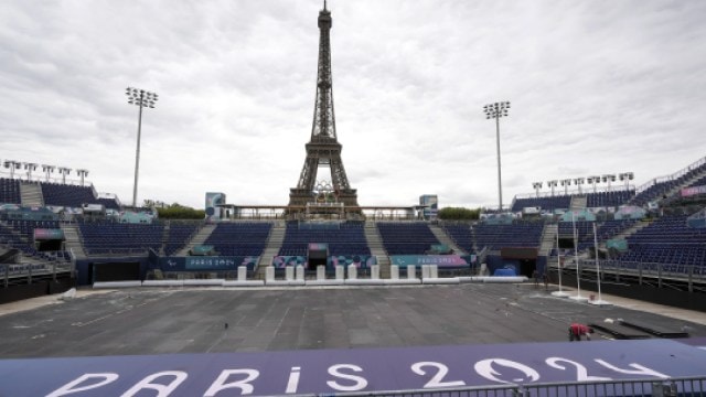 The Eiffel Tower Stadium will convert from a beach volleyball court for the Paris 2024 Olympics to a blind football field for the Paralympics. (PHOTO: AP)