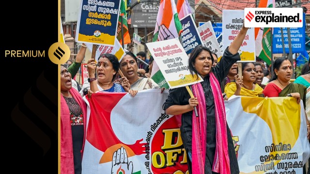 Mahila Congress activists stage a protest demanding a case against the perpetrators named in the Hema Committee report, Thiruvananthapuram, Wednesday, Aug. 21, 2024.