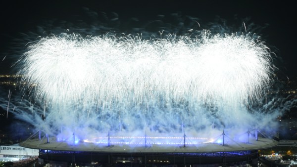 Fireworks signal the end of the 2024 Summer Olympics closing ceremony taking place at the Stade de France