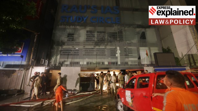 Rescue operation underway after three students died after the flooding of the basement of Rau’s IAS, a UPSC coaching centre in Rajendra Nagar.