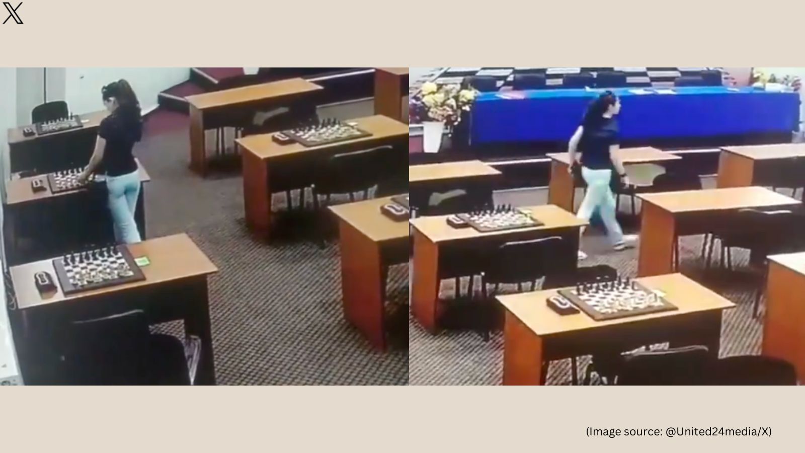 In the viral CCTV footage, the chess player was seen entering the event venue (Image source: @United24media/X)
