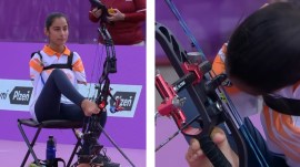 Screengrabs from the Pilsen 2023 World Archery Para Championships where India's Sheetal Devi competed against Turkey's Oznur Girdi Cure (who shot a world record score at the Paris Paralympics). (Screengrab via World Archery YouTube)
