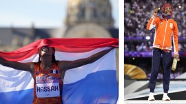 Sifan Hassan celebrates with the Netherlands flag after crossing the finish line to win the women's marathon at the Paris Olympics; (RIGHT) Sifan Hassan wears a hijab on the podium as she shows off her gold medal.(PHOTOS: AP)