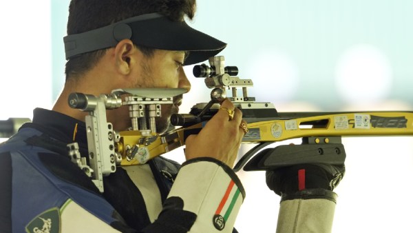 India's Swapnil Kusale competes in the 50m rifle 3 positions men's qualification round at the 2024 Summer Olympics, Wednesday, July 31, 2024, in Chateauroux, France.  (AP Photo)