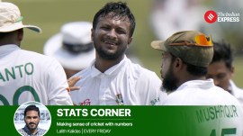 Bangladesh's Shakib Al Hasan, center celebrates with teammates after taking the wicket of Pakistan's Abdullah Shafique during the fifth day of first cricket test match between Pakistan and Bangladesh, in Rawalpindi, Pakistan,