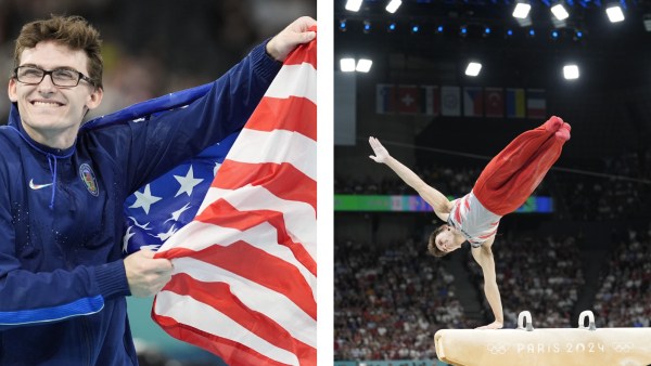 Stephen Nedoroscik, of the United States, competes during the men's artistic gymnastics individual pommel finals at Bercy Arena at the 2024 Summer Olympics, Saturday, Aug. 3, 2024, in Paris, France. (AP Photo/Charlie Riedel)