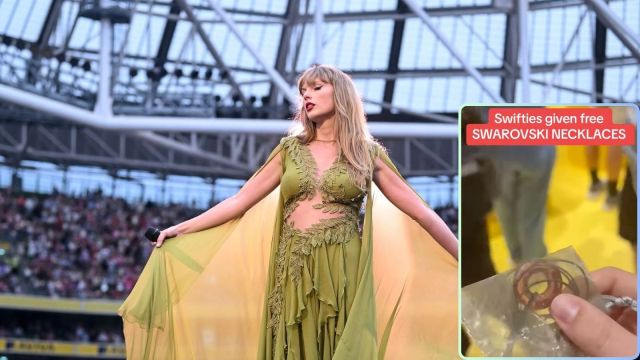 The viral video shows fans collecting their free necklaces at a Swarovski store (Image source: @MailOnline, @taylorswift/Instagram)