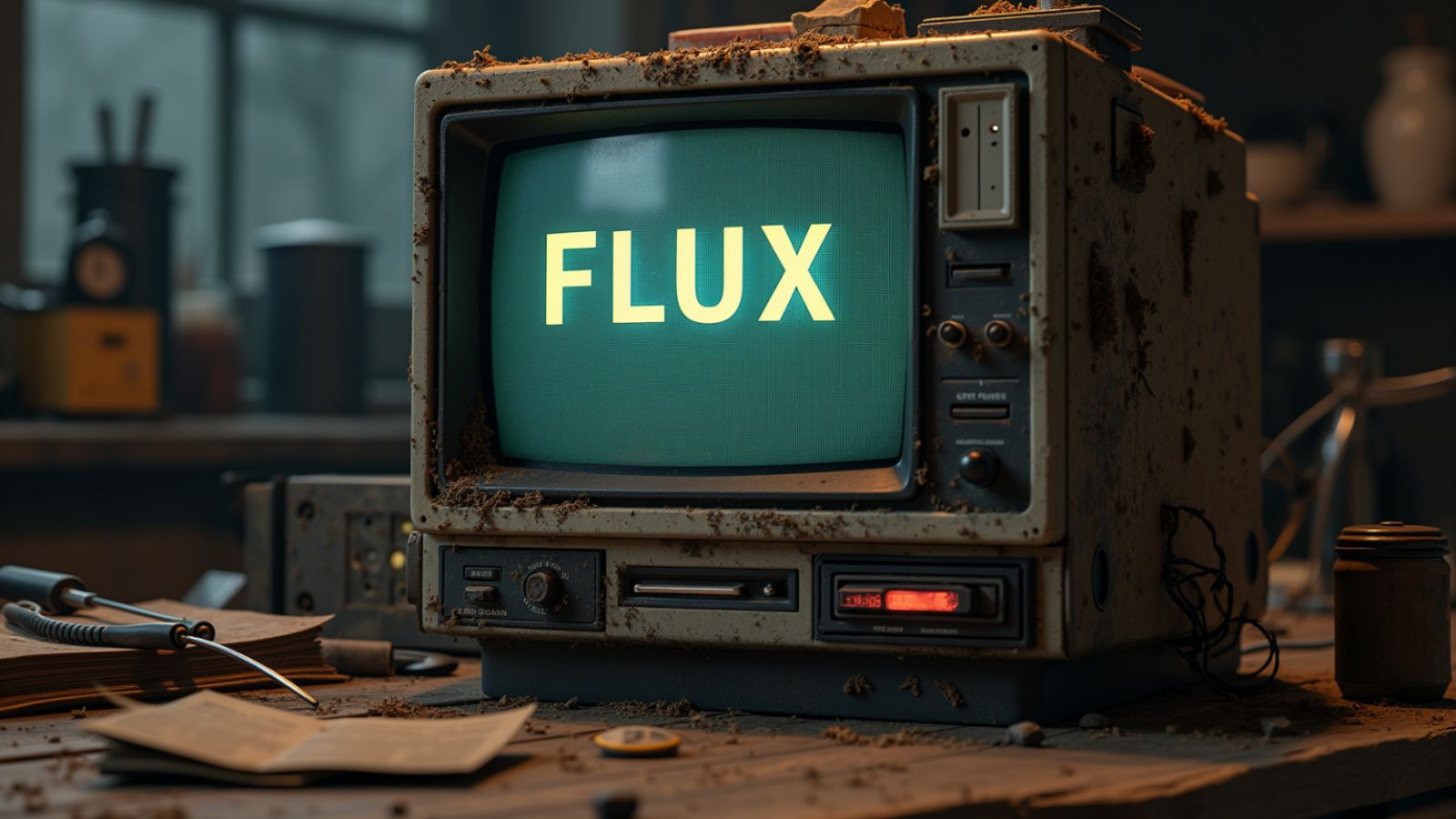 A detailed, cinematic rendering of an old dusty detailed CRT monitor on a wooden desk created using FLUX.1.