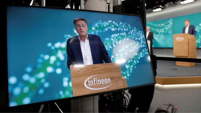 Infineon CEO Jochen Hanebeck is seen on screen during the annual results news conference in Munich, Germany, November 15, 2023.