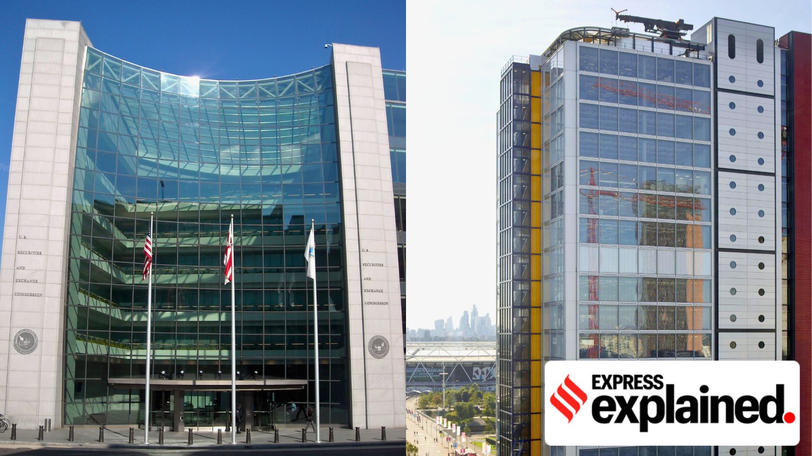 The US Security and Exchange Commission headquarters in Washington DC and the Financial Conduct Authority building in London, UK. (