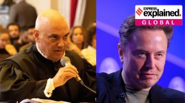 Brazil's Supreme Court Judge Alexandre de Moraes (left) and Elon Musk, CEO of SpaceX and Tesla and owner of X.