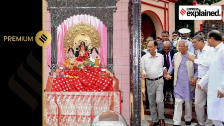 Bangladesh's Chief Adviser Muhammad Yunus with Hindu community members at the famous Dhakeshwari Temple in Dhaka, Tuesday, Aug. 13, 2024. Yunus has urged the people to “exercise patience” before judging his government's role.