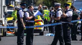 Police secure the area, where a man has been detained and a knife has been seized after a number of people were injured in a reported stabbing, in Southport, Merseyside, England, Monday July 29, 2024. (James Speakman/PA via AP) UK PROTEST. STABBING INCIDENT