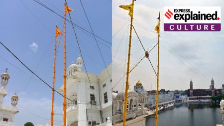 Twin Nishan Sahib earlier in Kesri (saffron, left) to Basanti (Panthic) now at the Golden Temple complex in Amritsar.