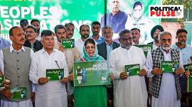 Peoples Democratic Party (PDP) President Mehbooba Mufti with other party leaders and candidates during the release of the party's election manifesto ahead of the state assembly elections, in Srinagar, Saturday