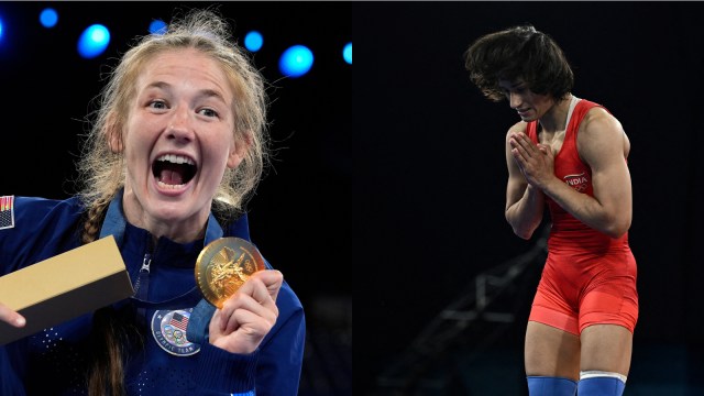 United State's Sarah Hildebrandt (left) celebrates with her gold medal during the victory ceremony for women's freestyle 50kg wrestling, at Champ-de-Mars Arena, during the 2024 Summer Olympics; Vinesh Phogat of India reacts after winning the match against Yusneylis Guzman Lopez of Cuba. (AP | Reuters)