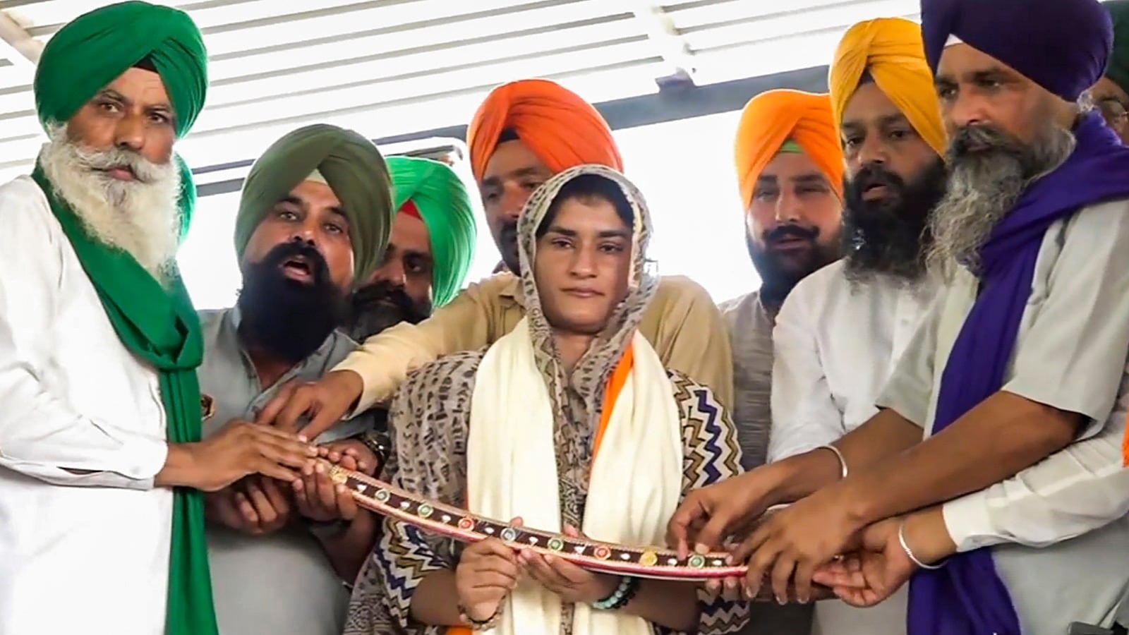 Vinesh Phogat being felicitated at a farmers' rally on the 200th day of their ongoing protest, at Shambhu border on Saturday. (PTI Photo)