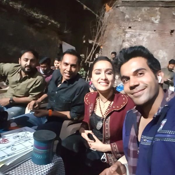 Amar Kaushik, Raj Nidimoru, Shraddha Kapoor and Rajkummar Rao on the sets of Stree.