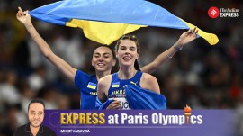 Yaroslava Mahuchikh of Ukraine celebrates after winning gold with bronze medallist Iryna Gerashchenko of Ukraine