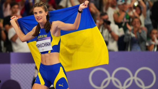 . Yaroslava Mahuchikh of Ukraine celebrates after winning gold