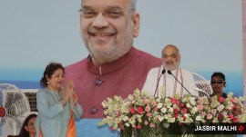 Union Home Minister Amit Shah with former Chandigarh MP Kirron Kher at the inauguration of a 24x7 water supply project at Manimajra. (Express photo by Jasbir Malhi)