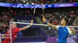 India’s Lakshya Sen during the men’s singles badminton semi-final against Denmark’s Viktor Axelsen at the 2024 Summer Olympics in Paris. (PTI Photo/Ravi Choudhary)