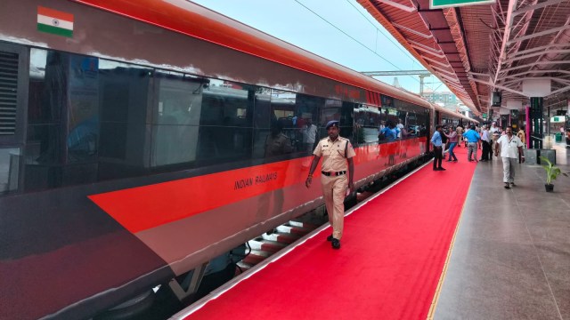 The Vande Bharat Express leaves from Chennai Railway Station on Saturday. (Express Photo)