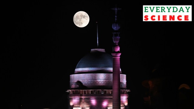 Photographed with multi exposure method, the super blue moon is seen over the Kartavya path in New Delhi in 2023.