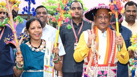 Chhattisgarh CM Vishnu Deo Sai with his wife Kaushalya Devi at Hareli Tihar celebrations.
