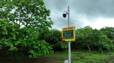 The Gujarat forest department has installed high-tech speed monitoring system as well as thermal and optical cameras along a 1-km stretch of state highway 26. (Express Photo)