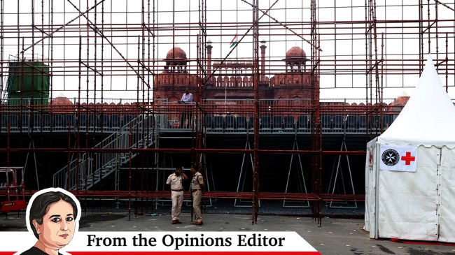 Security preparations at Red Fort ahead of Independence Day celebrations. (Express photo by Amit Mehra)