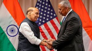 Defence Minister Rajnath Singh with US Defence Secretary Lloyd Austin in Washington on Friday. PTI